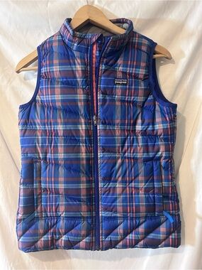 Patagonia Youth Blue & Pink Plaid Puffer Vest